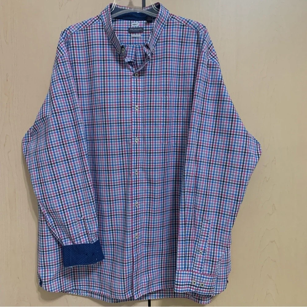 Van Heusen Shirt Men's XXL Classic Fit Long Sleeve Flip Cuff Button Up Pink Blue